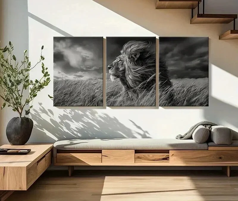 3pcs Lion in Grassland Stormy Sky Modern Wall Art Set Canvas Framed 40x60cm – High Quality Print 100% Australian Made Wall Canvas Ready to Hang