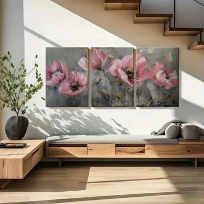 3pcs Abstract Pink Golden Flowers Vintage Wall Art Set Canvas Framed 40x60cm - High Quality Print 100% Australian Made Wall Canvas Ready to Hang