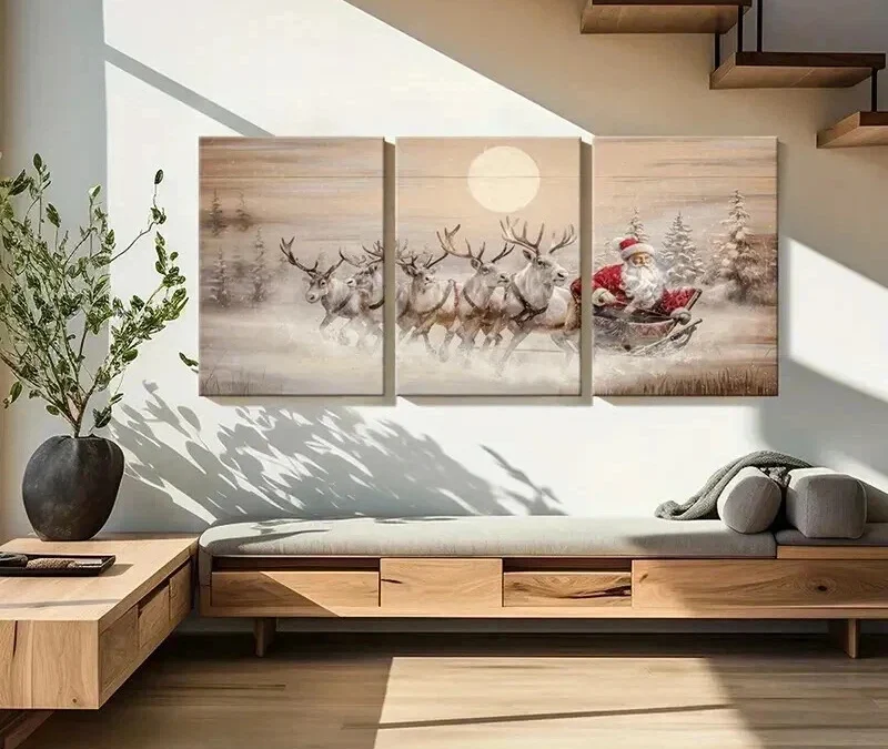 3pcs Santa Claus Reindeer Sleigh Moonlight Wall Art Set Canvas Framed 40x60cm – High Quality Print 100% Australian Made Wall Canvas Ready to Hang
