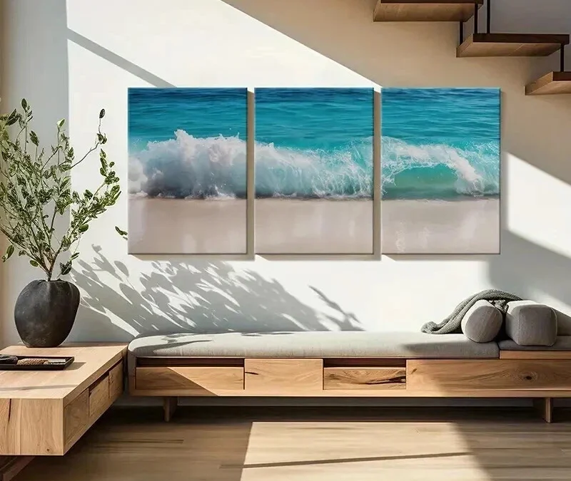 3pcs Ocean Wave Turquoise Water Sandy Beach Wall Art Set Canvas Framed 40x60cm – High Quality Print 100% Australian Made Wall Canvas Ready to Hang