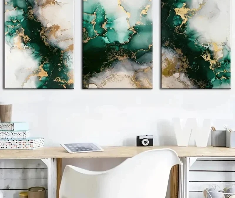 3pcs Modern Emerald Green & Gold Abstract Wall Art Set Canvas Framed 40x60cm – High Quality Print 100% Australian Made Wall Canvas Ready to Hang