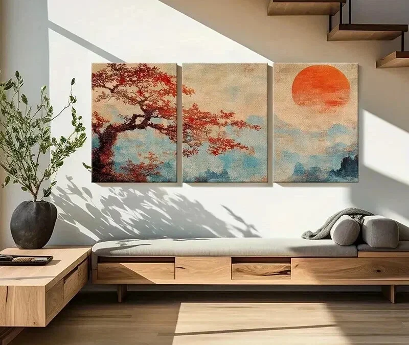 3pcs Vintage Autumn Tree & Sunset Landscape Wall Art Set Canvas Framed 40x60cm – High Quality Print 100% Australian Made Wall Canvas Ready to Hang