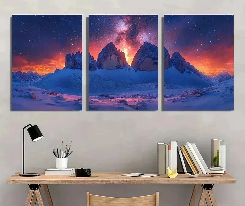 3pcs Starry Sky and Snow Capped Mountains Wall Art Set Canvas Framed 40x60cm – High Quality Print 100% Australian Made Wall Canvas Ready to Hang