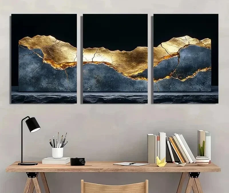 3pcs Cracked Golden Metallic Sheen on Black Wall Art Set Canvas Framed 40x60cm – High Quality Print 100% Australian Made Wall Canvas Ready to Hang