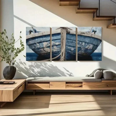 3pcs Blue Wooden Boat & Rope Design Wall Art Set Canvas Framed 40x60cm - High Quality Print 100% Australian Made Wall Canvas Ready to Hang