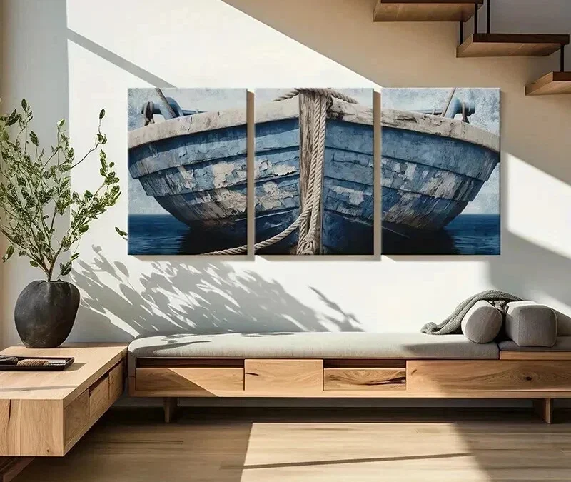 3pcs Blue Wooden Boat & Rope Design Wall Art Set Canvas Framed 40x60cm – High Quality Print 100% Australian Made Wall Canvas Ready to Hang