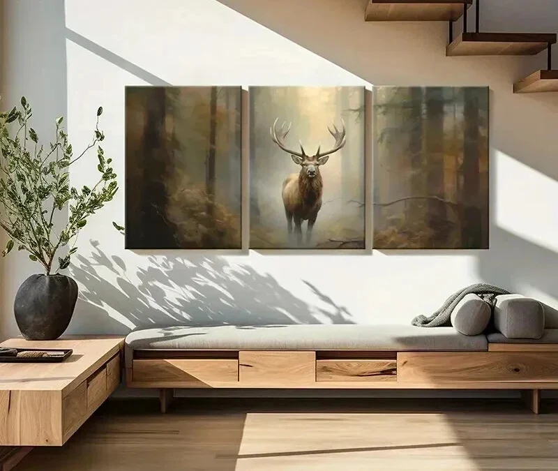 3pcs Vintage Red Deer in Foggy Forest Wall Art Set Canvas Framed 40x60cm – High Quality Print 100% Australian Made Wall Canvas Ready to Hang