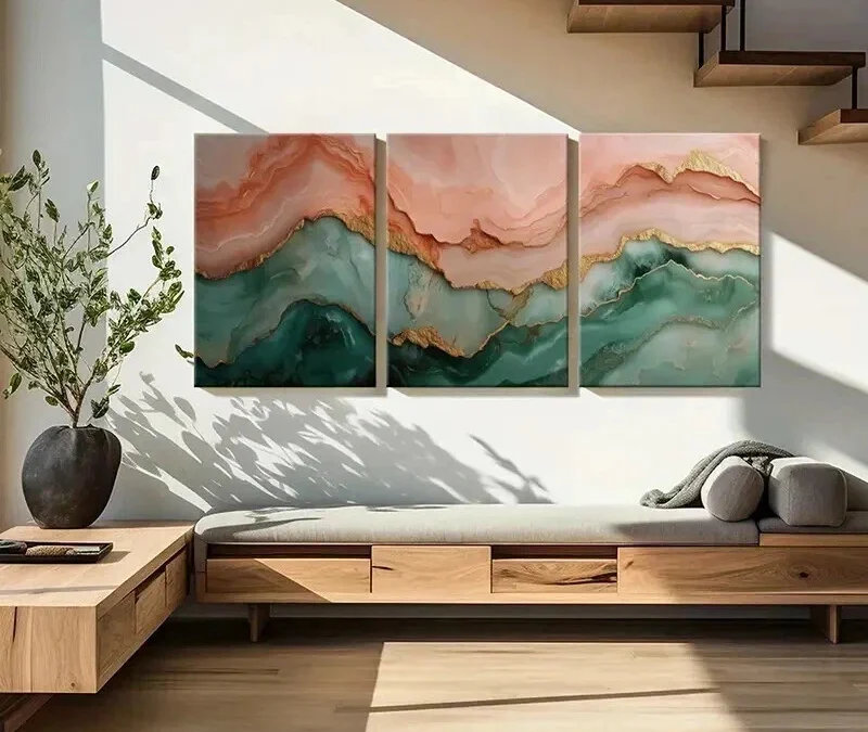 3pcs Teal and Pink with Golden Layered Abstract Wall Art Set Canvas Framed 40x60cm – High Quality Print 100% Australian Made Wall Canvas Ready to Hang