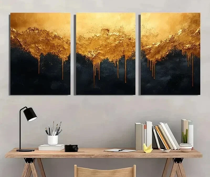 3pcs Vibrant Golden Black Design Wall Art Set Canvas Framed 40x60cm – High Quality Print 100% Australian Made Wall Canvas Ready to Hang