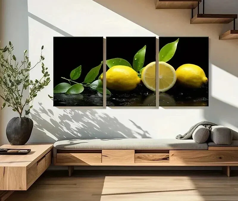 3pcs Vibrant Lemon & Green Leaf Design Wall Art Set Canvas Framed 40x60cm – High Quality Print 100% Australian Made Wall Canvas Ready to Hang