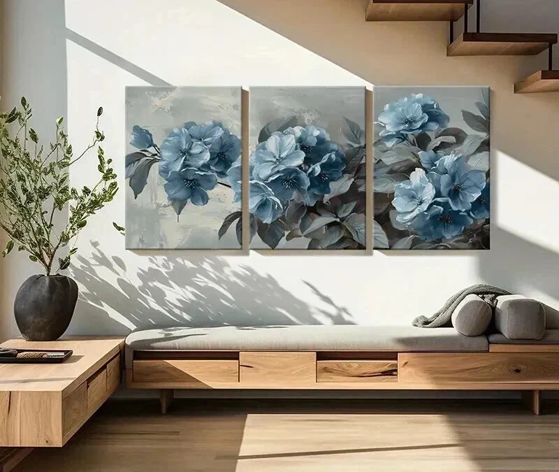 3pcs Abstract Vintage Blue Floral Design Wall Art Set Canvas Framed 40x60cm – High Quality Print 100% Australian Made Wall Canvas Ready to Hang