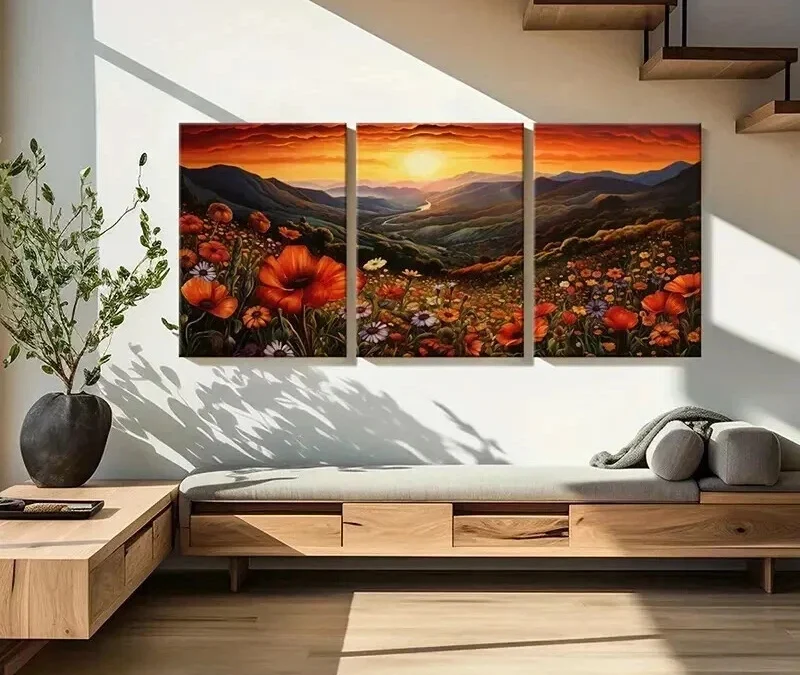 3pcs Vibrant Sunset Mountain Flower & River Wall Art Set Canvas Framed 40x60cm – High Quality Print 100% Australian Made Wall Canvas Ready to Hang