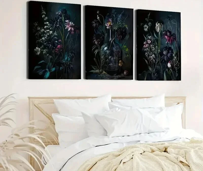 3pcs Dark Toned Vintage Botanical Prints Wall Art Set Canvas Framed 40x60cm – High Quality Print 100% Australian Made Wall Canvas Ready to Hang