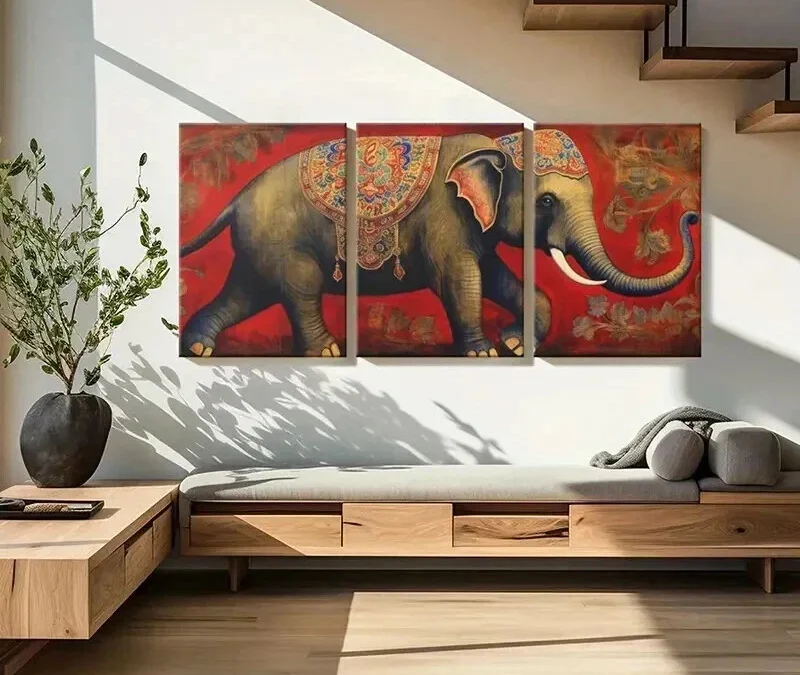 3pcs Elephant Indian Style on Vintage Red Wall Art Set Canvas Framed 40x60cm – High Quality Print 100% Australian Made Wall Canvas Ready to Hang