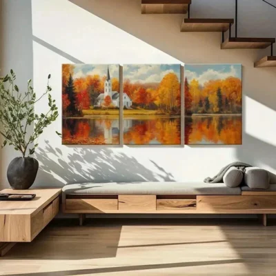 3pcs Autumn Church Landscape & Lake Reflection Wall Art Set Canvas Framed 40x60cm - High Quality Print 100% Australian Made Wall Canvas Ready to Hang