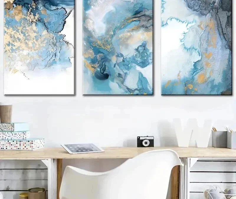 3pcs Nordic Blue & Golden Abstract Prints Wall Art Set Canvas Framed 40x60cm – High Quality Print 100% Australian Made Wall Canvas Ready to Hang