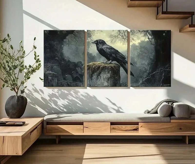 3pcs Mysterious Crow Gothic Raven Forest Wall Art Set Canvas Framed 40x60cm – High Quality Print 100% Australian Made Wall Canvas Ready to Hang