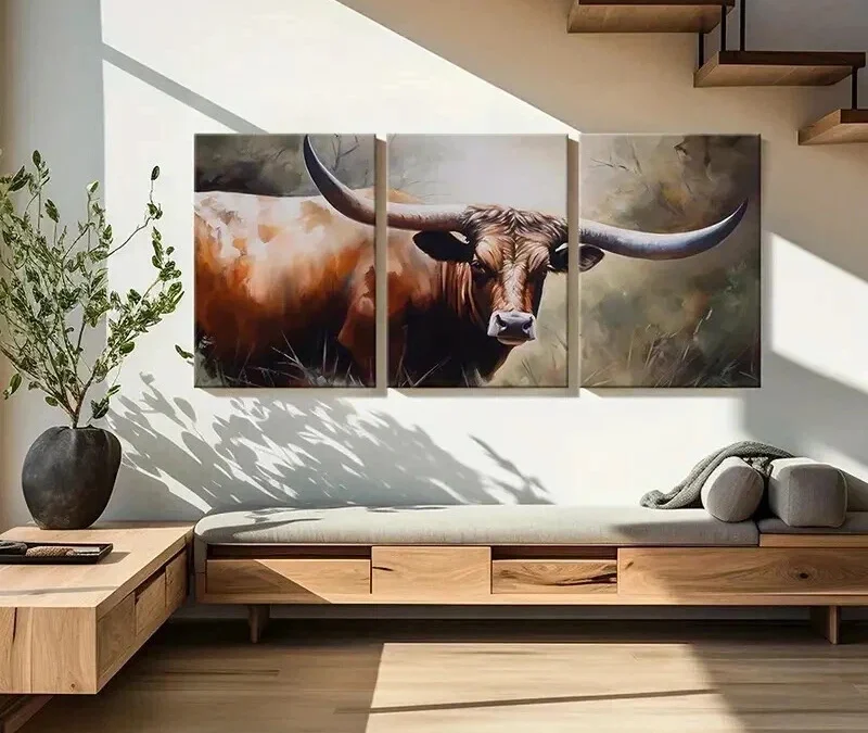 3pcs Texas Longhorn Cattle Decor Wall Art Set Canvas Framed 40x60cm – High Quality Print 100% Australian Made Wall Canvas Ready to Hang