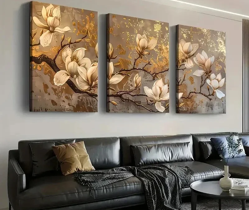 3pcs Abstract Golden Light Luxury Flower Wall Art Set Canvas Framed 40x60cm – High Quality Print 100% Australian Made Wall Canvas Ready to Hang
