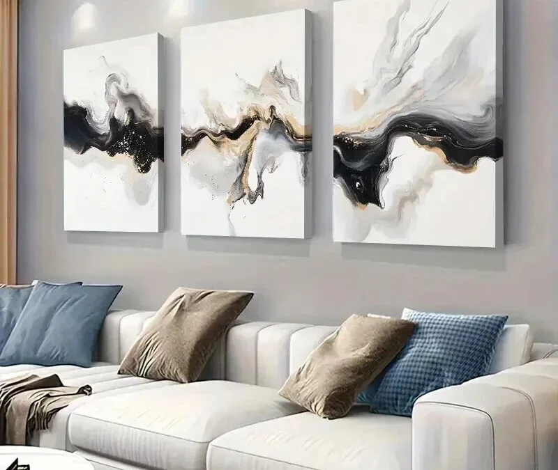 3pcs Elegant Black White And Golden Abstract Wall Art Set Canvas Framed 40x60cm – High Quality Print 100% Australian Made Wall Canvas Ready to Hang