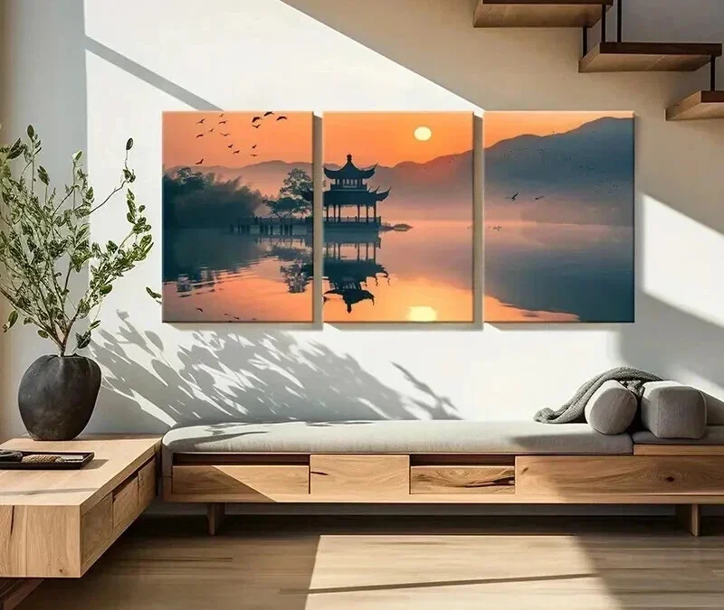 3pcs Traditional Chinese Landscape Decor Wall Art Set Canvas Framed 40x60cm – High Quality Print 100% Australian Made Wall Canvas Ready to Hang