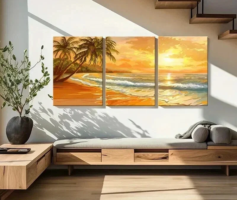 3pcs Vibrant Sunset Beach & Ocean Landscape Wall Art Set Canvas Framed 40x60cm – High Quality Print 100% Australian Made Wall Canvas Ready to Hang