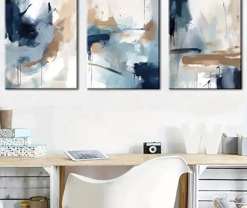 3pcs Navy Blue Abstract Geometric Wall Art Set Canvas Framed 40x60cm – High Quality Print 100% Australian Made Wall Canvas Ready to Hang