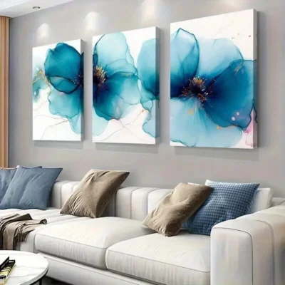 3pcs Abstract Blue Floral Watercolor Flower Wall Art Set Canvas Framed 40x60cm - High Quality Print 100% Australian Made Wall Canvas Ready to Hang