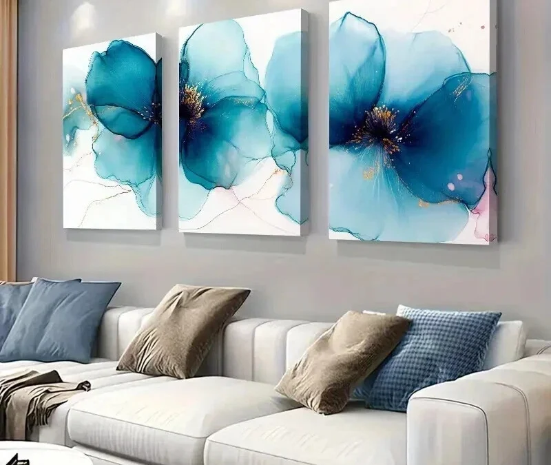 3pcs Abstract Blue Floral Watercolor Flower Wall Art Set Canvas Framed 40x60cm – High Quality Print 100% Australian Made Wall Canvas Ready to Hang