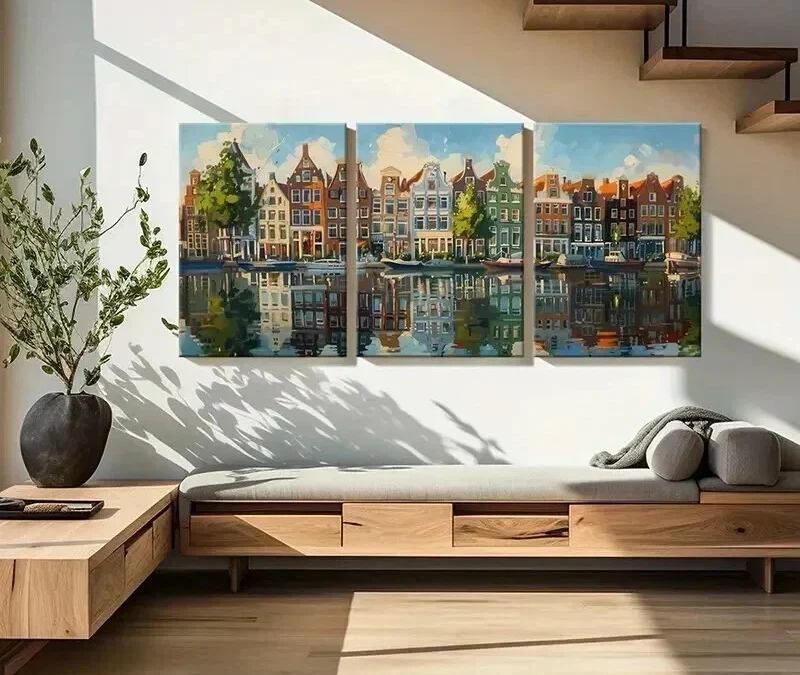 3pcs Amsterdam Canal Scene Reflections Wall Art Set Canvas Framed 40x60cm – High Quality Print 100% Australian Made Wall Canvas Ready to Hang