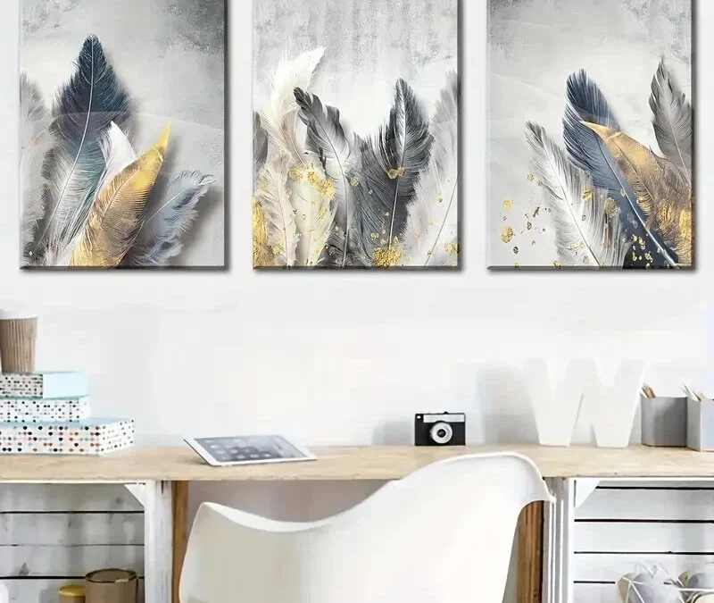 3pcs Modern Feather Light Luxury Style Wall Art Set Canvas Framed 40x60cm – High Quality Print 100% Australian Made Wall Canvas Ready to Hang