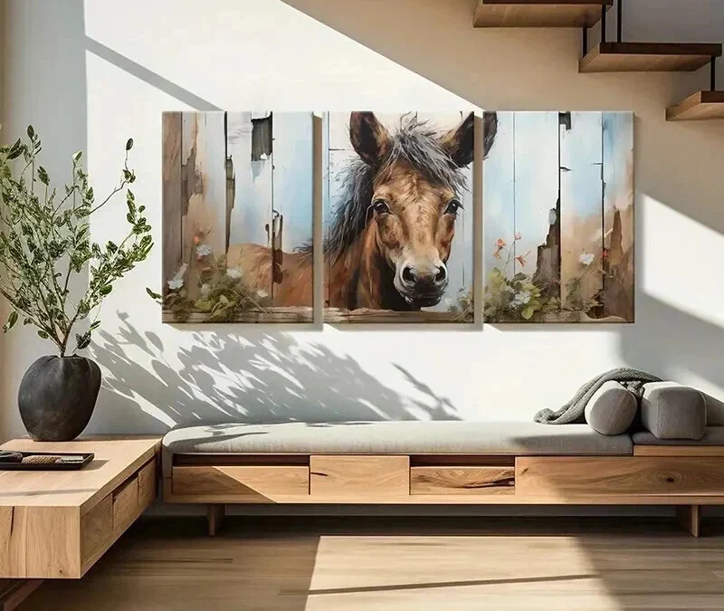 3pcs Rustic Fence Flowers & Horse Landscape Wall Art Set Canvas Framed 40x60cm – High Quality Print 100% Australian Made Wall Canvas Ready to Hang