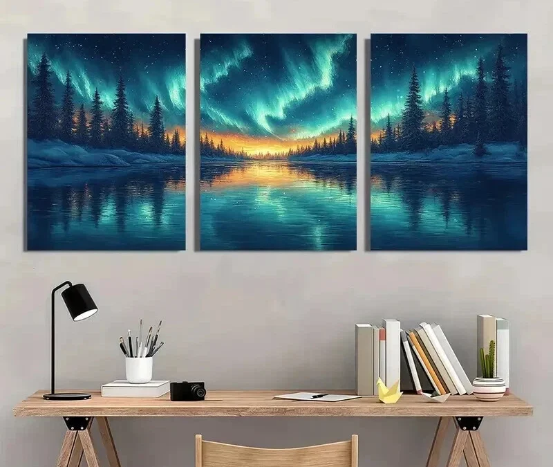 3pcs Northern Lights Borealis Aurora Night Wall Art Set Canvas Framed 40x60cm – High Quality Print 100% Australian Made Wall Canvas Ready to Hang