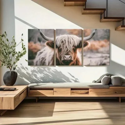 3pcs Animal Aesthetic Highland Cattle Wall Art Set Canvas Framed 40x60cm - High Quality Print 100% Australian Made Wall Canvas Ready to Hang