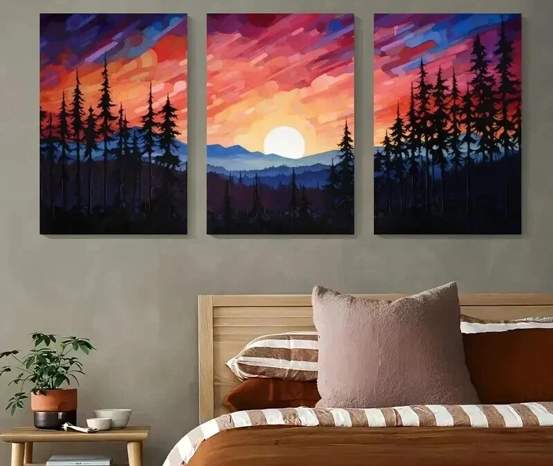 3pcs Sunset Through Colorful Mountain Landscape Wall Art Set Canvas Framed 40x60cm – High Quality Print 100% Australian Made Wall Canvas Ready to Hang