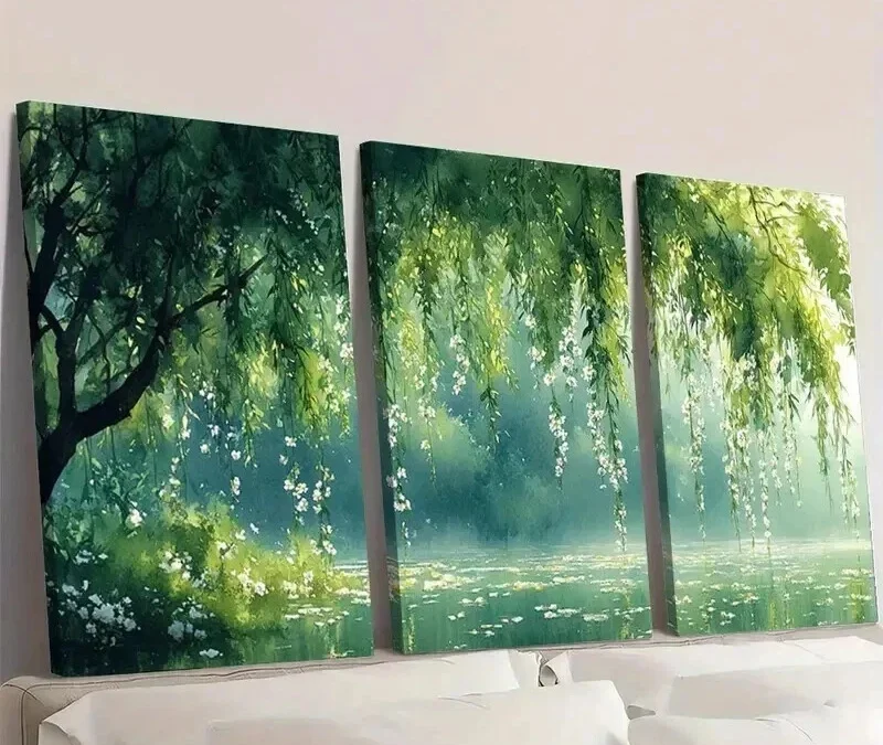 3pcs Serene Willow Tree & White Flower Landscape Wall Art Set Canvas Framed 40x60cm – High Quality Print 100% Australian Made Wall Canvas Ready to Hang