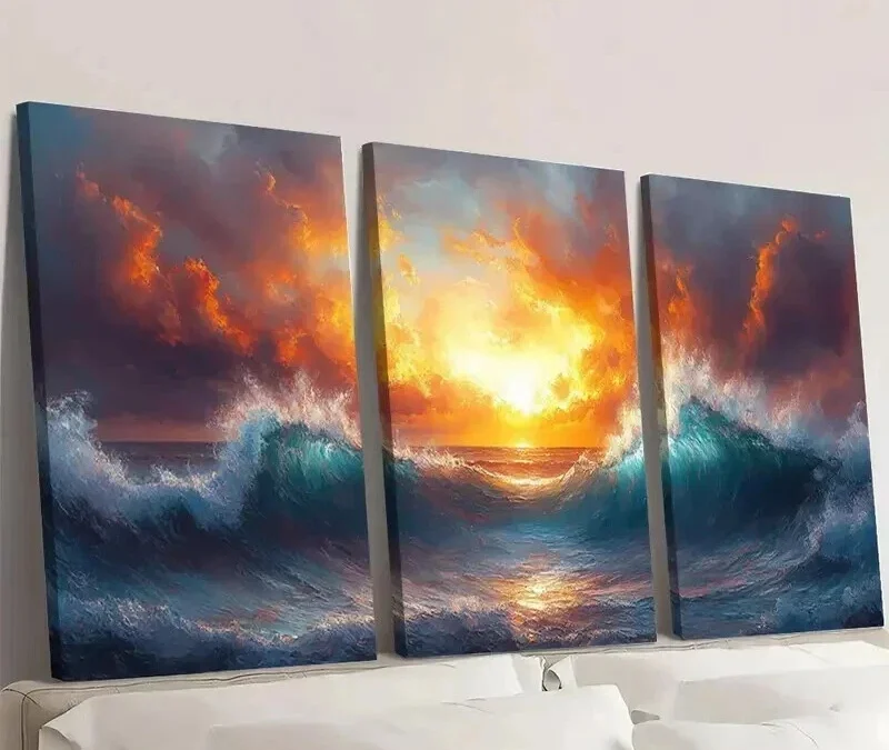 3pcs Abstract Depiction Of Ocean Waves Wall Art Set Canvas Framed 40x60cm – High Quality Print 100% Australian Made Wall Canvas Ready to Hang