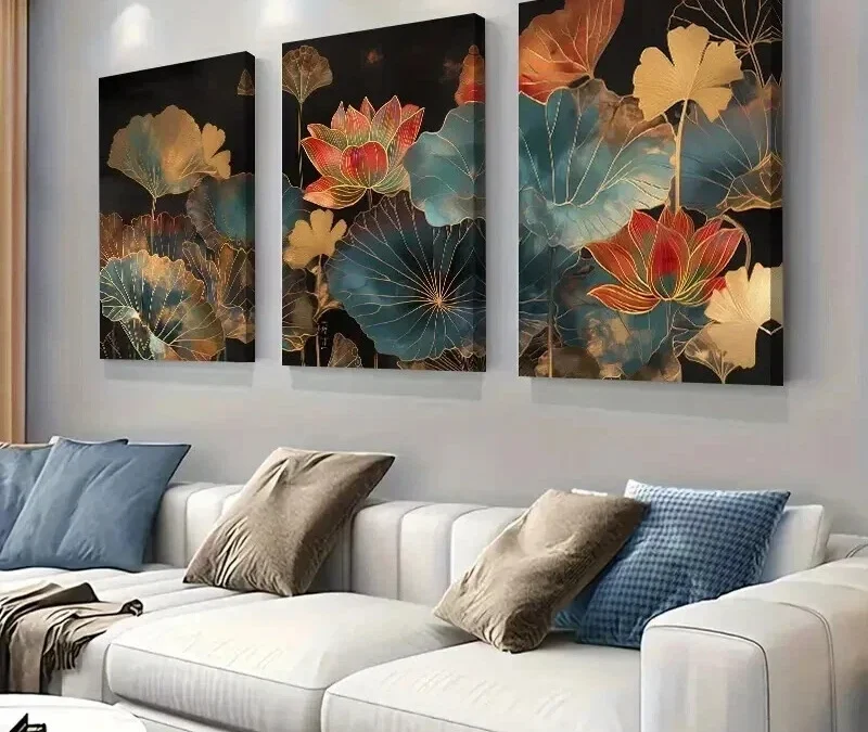 3pcs Black Background & Golden Lotus Flowers Wall Art Set Canvas Framed 40x60cm – High Quality Print 100% Australian Made Wall Canvas Ready to Hang