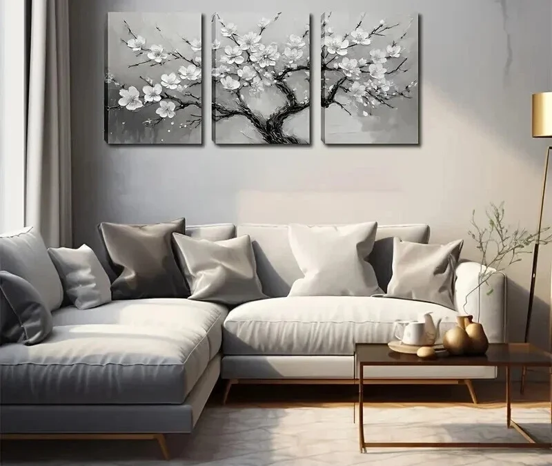 3pcs Serene Grey Tree with White Flowers Wall Art Set Canvas Framed 40x60cm – High Quality Print 100% Australian Made Wall Canvas Ready to Hang