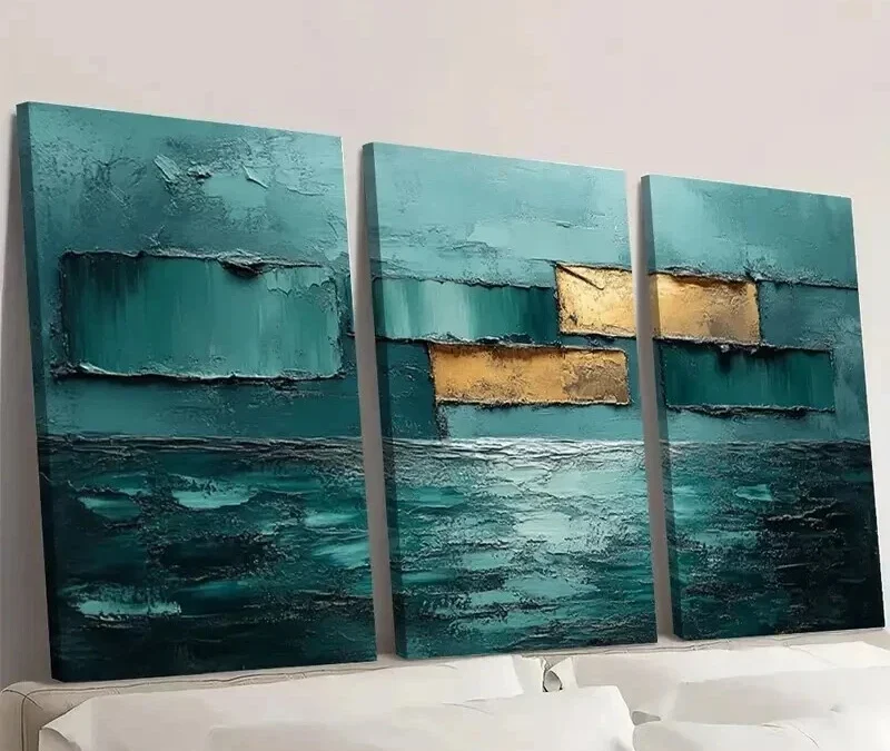 3pcs Teal Golden and Blue Tone Decoration Wall Art Set Canvas Framed 40x60cm – High Quality Print 100% Australian Made Wall Canvas Ready to Hang