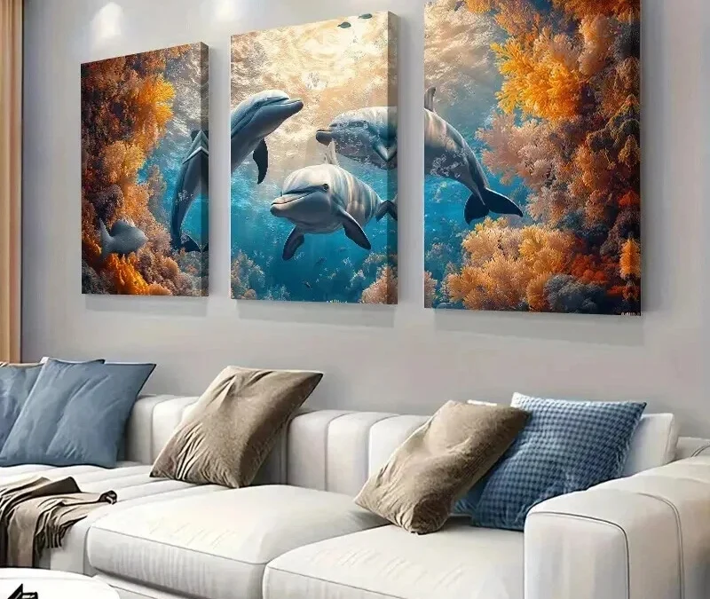 3pcs Coral Reef Symphony with Dolphins Wall Art Set Canvas Framed 40x60cm – High Quality Print 100% Australian Made Wall Canvas Ready to Hang