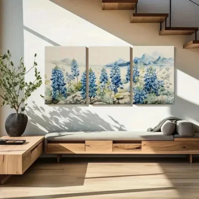 3pcs Mountain Landscape with Bluebonnet Flowers Wall Art Set Canvas Framed 40x60cm - High Quality Print 100% Australian Made Wall Canvas Ready to Hang