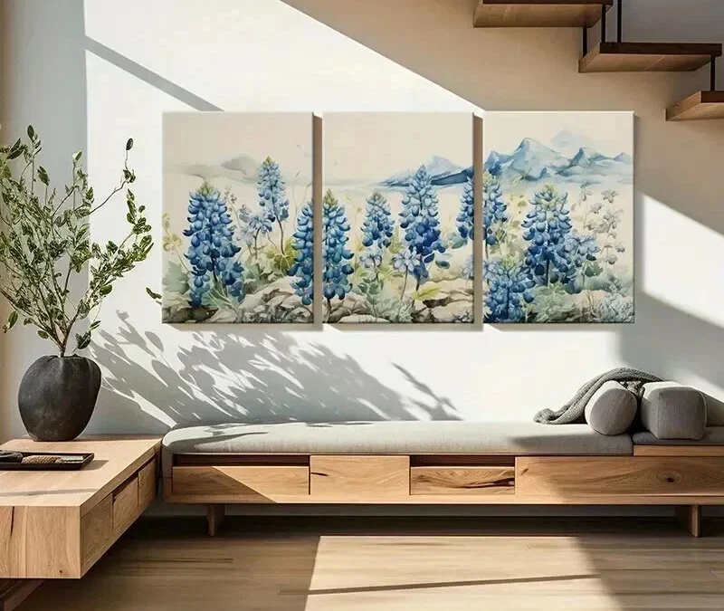 3pcs Mountain Landscape with Bluebonnet Flowers Wall Art Set Canvas Framed 40x60cm – High Quality Print 100% Australian Made Wall Canvas Ready to Hang