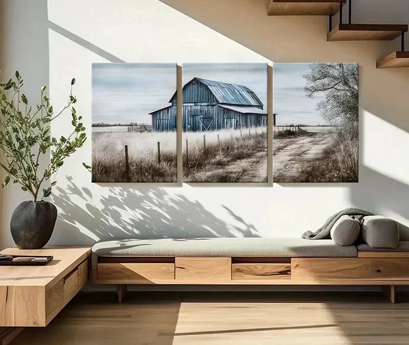 3pcs Rustic Blue Barn Farmhouse Decor Wall Art Set Canvas Framed 40x60cm – High Quality Print 100% Australian Made Wall Canvas Ready to Hang