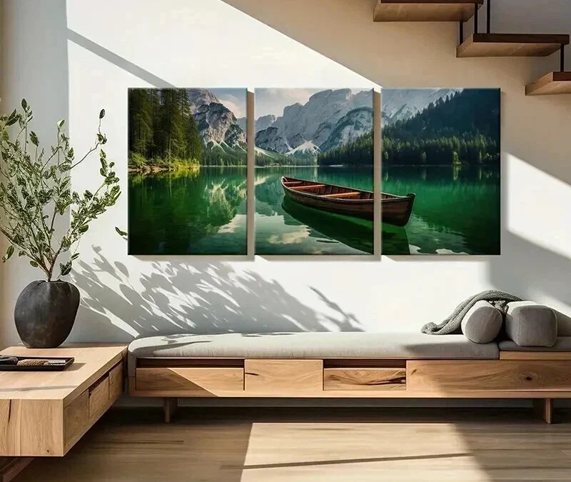 3pcs Green Tranquil Lake Scene with Boat Wall Art Set Canvas Framed 40x60cm – High Quality Print 100% Australian Made Wall Canvas Ready to Hang