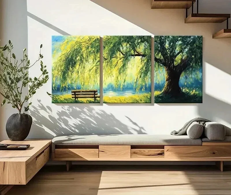 3pcs Willow Tree Serene Lake Wooden Bench Wall Art Set Canvas Framed 40x60cm – High Quality Print 100% Australian Made Wall Canvas Ready to Hang