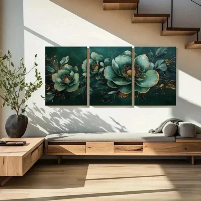 3pcs Teal Floral with Golden Accents Wall Art Set Canvas Framed 40x60cm - High Quality Print 100% Australian Made Wall Canvas Ready to Hang