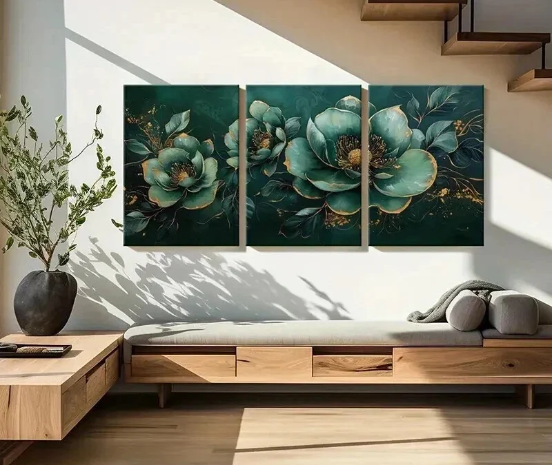 3pcs Teal Floral with Golden Accents Wall Art Set Canvas Framed 40x60cm – High Quality Print 100% Australian Made Wall Canvas Ready to Hang
