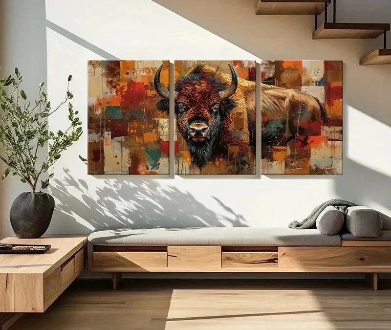 3pcs Abstract Bison Vibrant Color Bold Lines Wall Art Set Canvas Framed 40x60cm – High Quality Print 100% Australian Made Wall Canvas Ready to Hang
