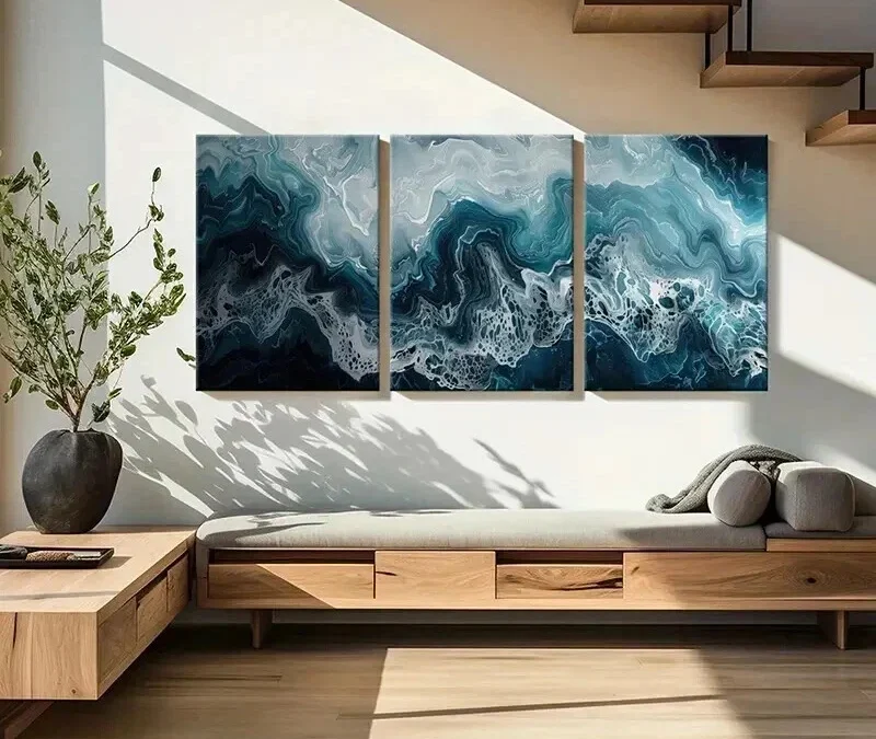 3pcs Abstract Ocean Waves Swirling Tides Wall Art Set Canvas Framed 40x60cm – High Quality Print 100% Australian Made Wall Canvas Ready to Hang